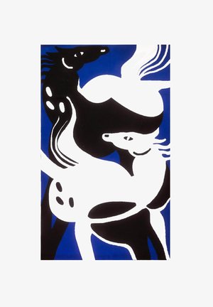 Abstrakcyjny wzór z końmi w czerni i bieli na niebieskim tle. Gładkie kształty i płynne linie tworzą dynamiczną kompozycję.