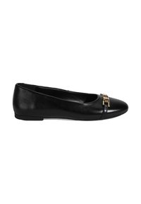Schwarze Leder-Ballerinas mit spitzem Schuhkopf, ausgestattet mit einem goldfarbenen dekorativen Akzent und einer glatten Textur.