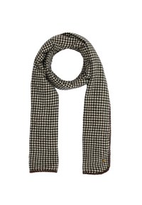 Sciarpa a scacchi bianca e nera realizzata in un tessuto morbido, con una finitura testurizzata e un bordo cucito marrone.
