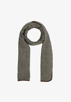 Bufanda a cuadros en blanco y negro, hecha de un tejido suave, con un acabado texturizado y un borde cosido en marrón.