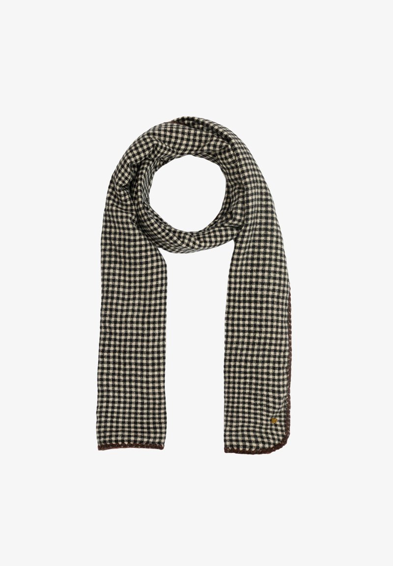 Sciarpa a scacchi bianca e nera realizzata in un tessuto morbido, con una finitura testurizzata e un bordo cucito marrone.