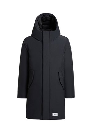 Schwarzer Parka mit hohem Kragen und Kapuze, seitlichen Taschen, glatter Textur und einem Saum, der über die Hüften hinaus reicht.