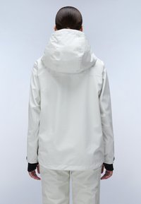 White waterproof jacket with a large hood, long sleeves, and elastic cuffs. Smooth fabric with a matte finish and minimal design details.