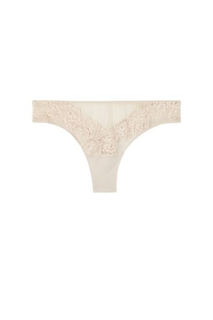 Beige trusse med blonder og blomsterprint, blødt stof og glat tekstur. Taljebåndet har detaljerede blondekanter for et ekstra design.