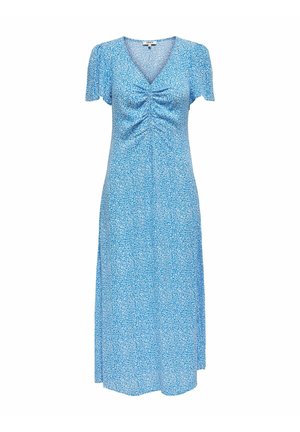 Blue midi dress with small white floral print, V-neck, short sleeves, and ruched detail at the bust.