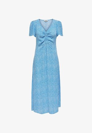 Blue midi dress with small white floral print, V-neck, short sleeves, and ruched detail at the bust.