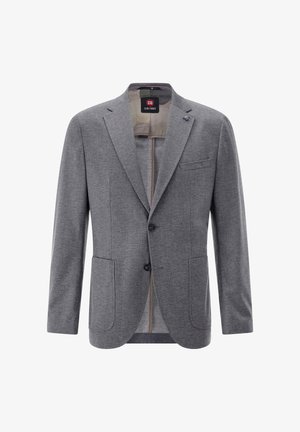 Gray blazer made of textured fabric, featuring notched lapels, two front pockets, a single-button closure, and a contrasting inner lining.
