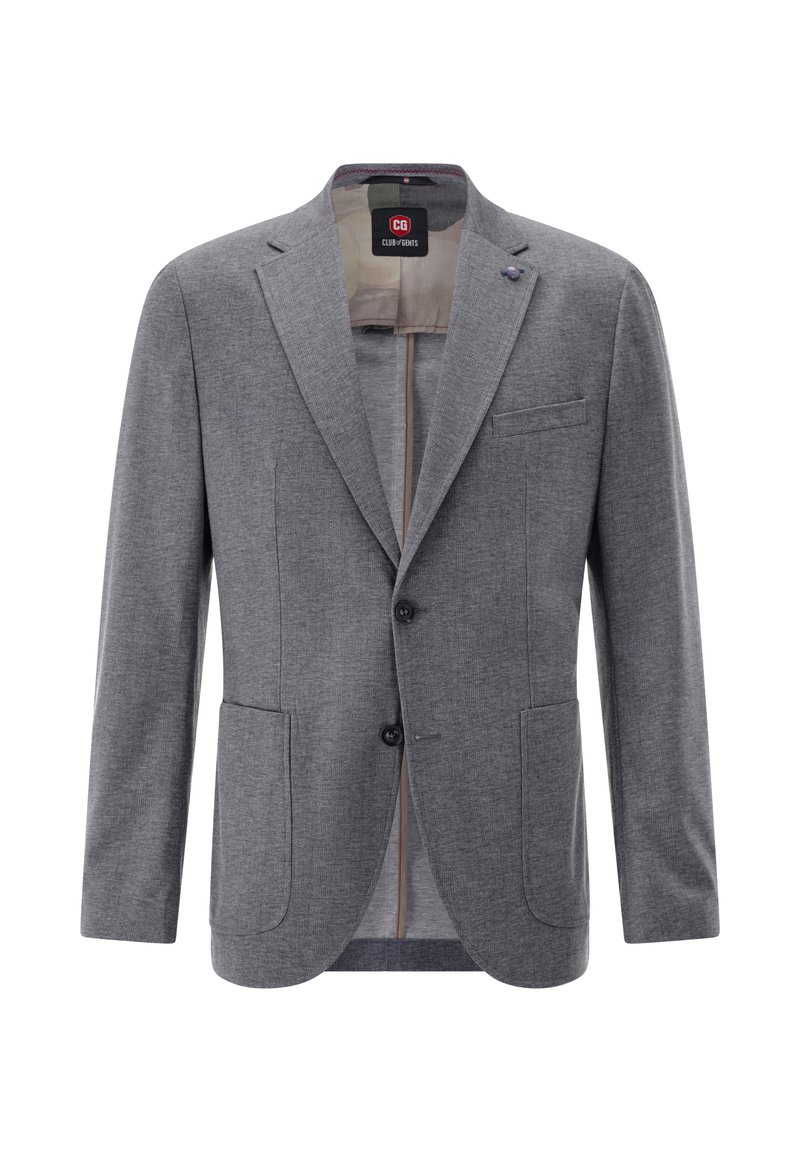 Gray blazer made of textured fabric, featuring notched lapels, two front pockets, a single-button closure, and a contrasting inner lining.