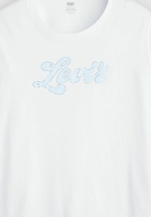 White Levi’s T-shirt with light blue logo outlined by small silver studs across the chest, crew neckline.
