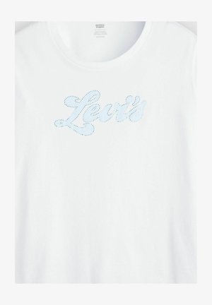 T-shirt blanc Levi's avec logo bleu clair entouré de petits clous argentés sur la poitrine, col rond.