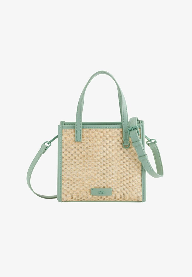 Mint green faux leather and woven straw handbag with two short handles and one adjustable shoulder strap. Square shape with a structured design.