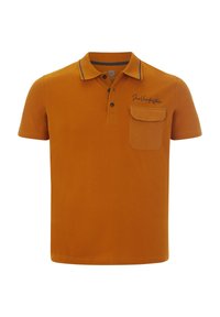 Short-sleeve polo shirt in bright orange cotton, featuring a pocket and embroidered detailing on the chest. Contrasting collar trim.