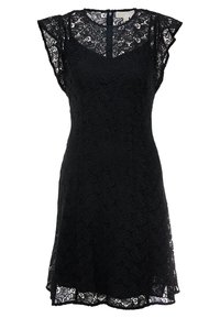 Abito in pizzo nero con motivo floreale, maniche a cappuccio, schiena con apertura a chiave e orlo svasato, che mette in risalto dettagli intricati e consistenza.
