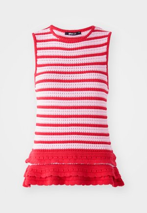 Sarkana un rozā svītrainā bez piedurknēm topiņš ar teksturētu adīšanas dizainu un viļņotu apakšmalu, ar apaļu izgriezumu un pieguļošu siluetu.