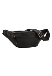 Sac banane en cuir noir avec deux compartiments zippés et une sangle réglable avec boucle en métal.