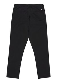 Pantalons en coton noir avec une coupe droite, dotés de deux poches arrière et d'un logo discret sur la ceinture. Texture lisse.