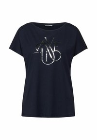 Tmavě modré tričko s krátkým rukávem z bavlny, s kovovým stříbrným potiskem s textem „AVE LIVE“ a „NATURAL &.“ Volný střih.