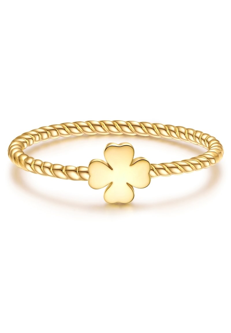 Arany színű, csavart karkötő, sima felületű és lekerekített élekkel rendelkező négylevelű lóhere charm-mal, amely elegánsan tükrözi a fényt.