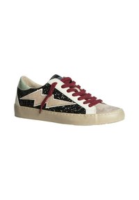 Zapatillas con una puntera de ante beige, lados de purpurina negra, detalles en piel blanca y cordones burdeos. Cuentan con una suela de goma de perfil bajo.