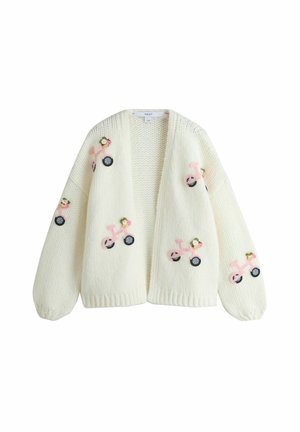Cardigan tricotat crem cu biciclete roz brodate și flori mici albe împrăștiate pe față și mâneci.