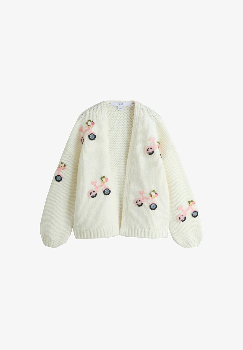Cream knit cardigan with embroidered pink bicycles and small white flowers scattered on front and sleeves.