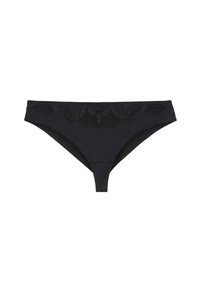 Culotte de bikini noire en tissu lisse avec une bordure en dentelle florale à la taille. Design épuré avec une coupe taille basse et une couverture minimale.