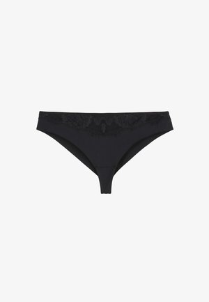 Culotte de bikini noire en tissu lisse avec une bordure en dentelle florale à la taille. Design épuré avec une coupe taille basse et une couverture minimale.