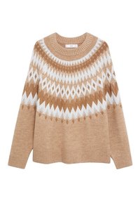 Beige gestrickter Pullover mit rundem Ausschnitt, der ein geometrisches Muster in Weiß und Braun um die Brust zeigt. Rippbündchen und Saum.