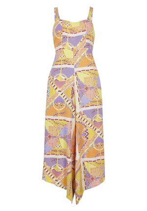 Robe midi sans manches avec corsage ajusté et jupe évasée, avec un imprimé géométrique abstrait coloré en jaune, orange, violet et beige.