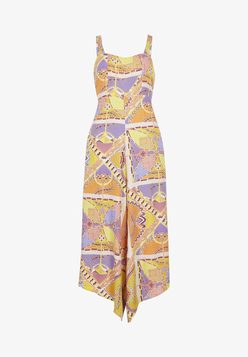 Robe midi sans manches avec corsage ajusté et jupe évasée, avec un imprimé géométrique abstrait coloré en jaune, orange, violet et beige.