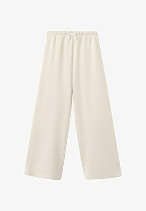 Kremne hlače širokih hlačnic z elastičnim pasom in vrvico, narejene iz mehke tkanine, prikazane na belem ozadju.