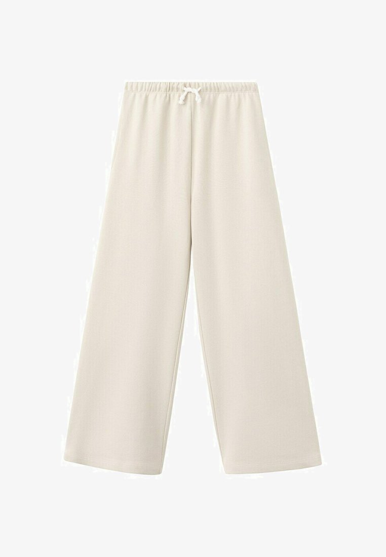 Pantalon crème à jambes larges avec taille élastique et cordon de serrage, confectionné dans un tissu doux, présenté sur un fond blanc.