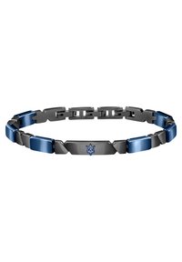 Metal bracelet featuring interlocking links with a combination of black and blue finishes. Notable blue accents and a logo embed.