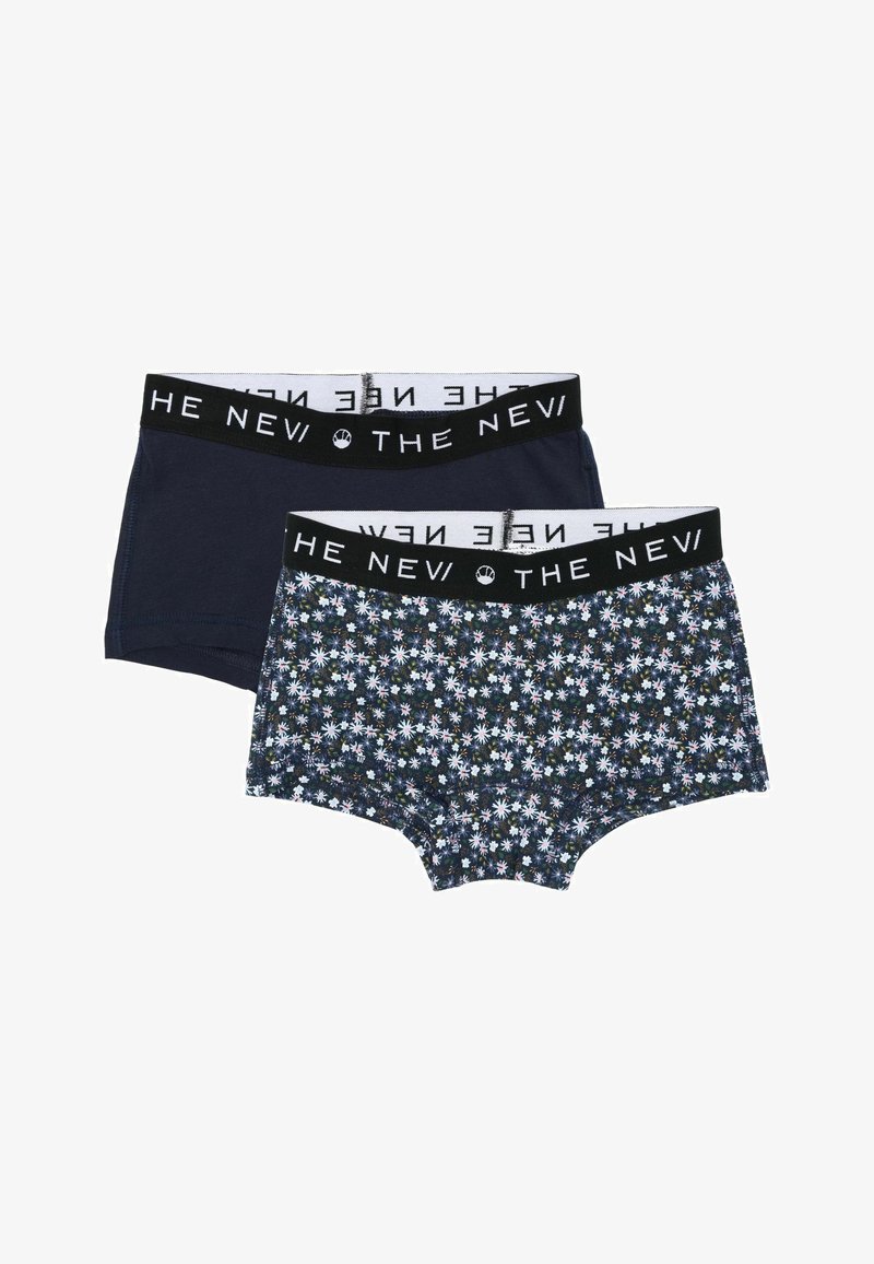 Multicolored floral pattern and solid navy boyshorts with black elastic waistband labeled "THE NEW" in white text.