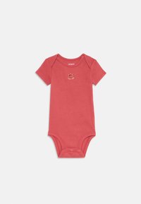 Coral short-sleeve baby bodysuit in soft cotton, featuring snaps at the bottom and a small embroidered design on the chest.