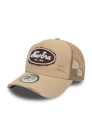 Beige adjustable baseball cap with a fabric front, mesh sides, and a brown embroidered logo. Distressed details near the brim.