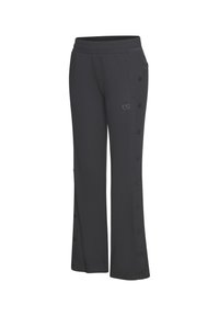 Black athletic pants with a wide-leg design, elastic waist, side pockets, and button accents along the outer seams. Smooth texture.