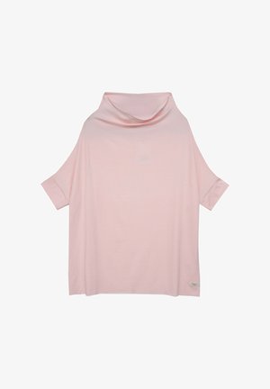 Różowa oversize'owa bluzka z dekoltem w serek, krótkimi rękawami i gładką fakturą materiału. Charakteryzuje się subtelnie umieszczoną metką marki na dolnej stronie.