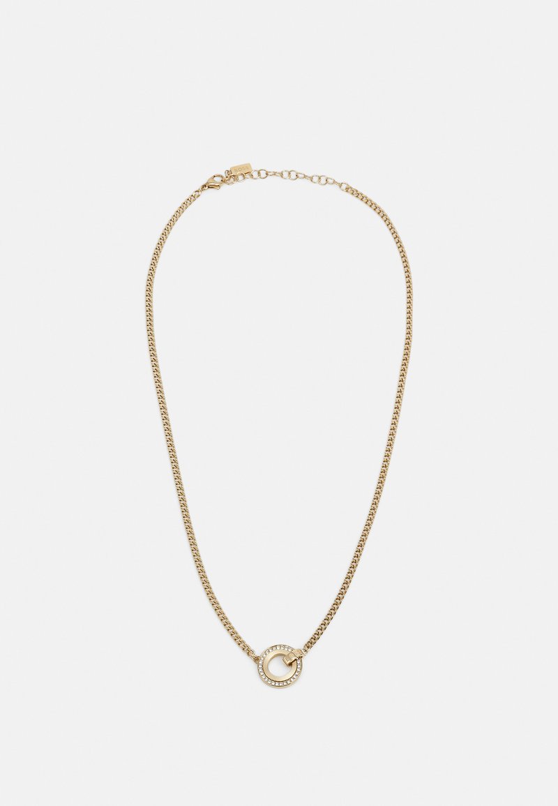 Gouden kettinghalsketting met een ronde hanger versierd met kleine heldere stenen, die een elegant ontwerp en een gepolijste afwerking laat zien.