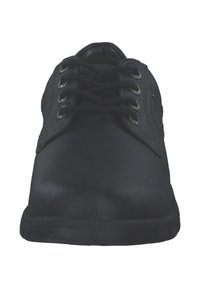 Schwarze Lederschuhe mit runder Zehenform, ausgestattet mit flachen Schnürsenkeln, Nähdetails und einer leicht strukturierten Oberfläche.