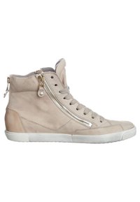 Light beige leather high-top sneakers featuring a lace-up front, side zipper, and textured rubber sole. Subtle stitching and accents visible.