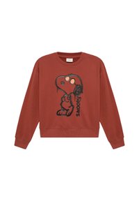 Roodbruine sweatshirt met geribbelde ronde hals, lange mouwen, en een afbeelding van een cartoonhond op de voorkant, met zwart-witte details.