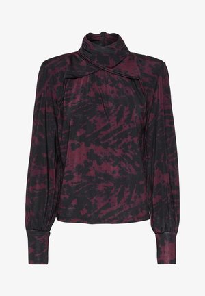 Long-sleeve blouse in dark maroon and black fabric with a textured, abstract pattern. Features a high neck and gathered cuffs.