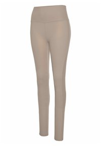 Beige leggings met een hoge tailleband. Gemaakt van een gladde, rekbare stof, met een aansluitend ontwerp en geen zichtbare naden.