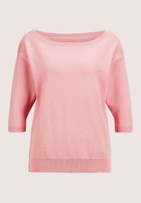 Weicher rosa Damenstrickpullover mit weitem Rundhalsausschnitt und Ärmeln bis zum Ellbogen, mit gerippten Bündchen und Saum.