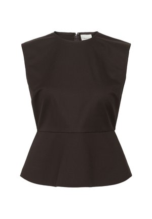 Black peplum top featuring a high neckline, structured shoulders, and a concealed zipper at the back, made from a smooth fabric.