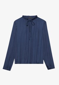 Blusa de manga larga azul marino con cuello redondo, detalle de lazo en la parte delantera, tejido texturizado y puños elásticos. Diseño suave y fluido.