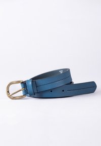 Blue leather belt with a brass buckle, featuring a smooth finish and evenly spaced holes for adjustment. Design includes clean edges and stitching.