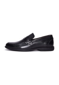 Zwarte leren loafers met een gladde afwerking, ronde neus en een subtiel gestikt ontwerp. Heeft een lage, flexibele rubberen zool.