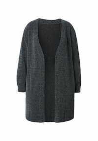 Cardigan lavorato a maglia grigio scuro con vestibilità rilassata, apertura frontale, maniche a tre quarti e tessuto testurizzato. Senza chiusure o motivi.